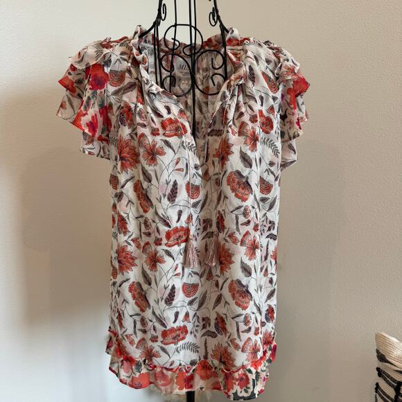 MISA Los Angeles Floral Sheer Ruffle Boho Chiffon Blouse Size Small - Picture 3 of 10